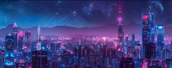 A city skyline with a pink and purple sky in the background - obrazy, fototapety, plakaty