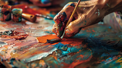 A hand holds a brush, applying vibrant colors onto a canvas, creating an abstract painting in a burst of creative passion - obrazy, fototapety, plakaty