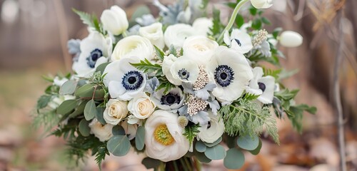 Obraz na płótnie Canvas A lush and textured bouquet featuring anemones, ranunculus, and greenery for a natural look