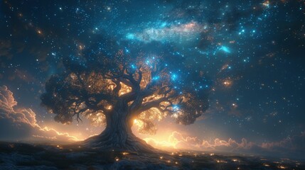 The stars seem to le brighter in the presence of this magnificent tree as if drawn towards its allknowing energy. - obrazy, fototapety, plakaty