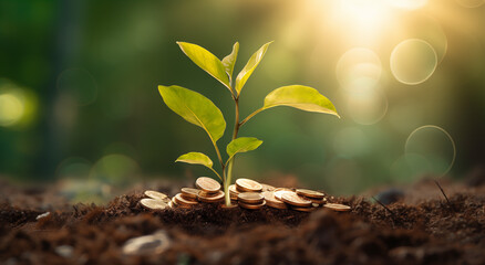 Konzept Kapitalwachstum, Pflanzen sprießen aus Geldmünzen, Zuwachs des Vermögens, Rendite