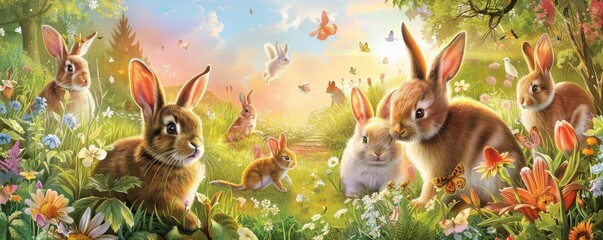 A group of rabbits are sitting in a field of flowers