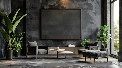Elegant Modern Interior with Stylish Furniture and Decorative Plants Featuring a Large Mockup Frame