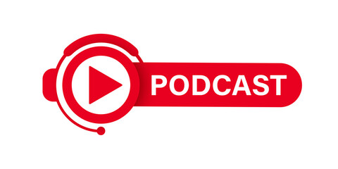 Red podcast banner. Vector PNG image isolated on transparent background. Lesson, course, banner, button, icon, online studying.