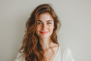 Fototapeta premium Confident young woman with charming smile on clean background. Positive human expressions