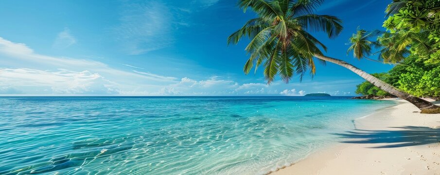 A beautiful beach with a palm tree in the foreground © Warut