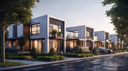 Fototapeta na wymiar Modern modular private townhouses. Residential architecture exterior. Generative AI