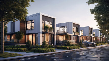 Modern modular private townhouses. Residential architecture exterior. Generative AI