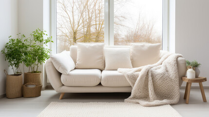 White sofa with wool blanket and fur pillow on rug against of grid window. Houseplants on wooden floor. Scandinavian style interior design of modern living room. Generative AI