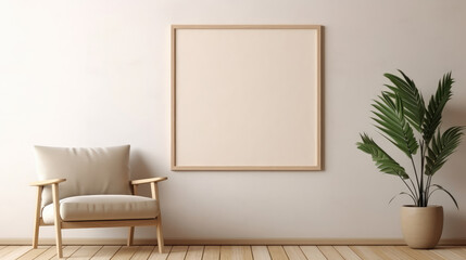 Wood frame with blank beige canvas leaning against the wall on the floor. Scandinavian, minimalist home interior design of modern living room. Generative AI