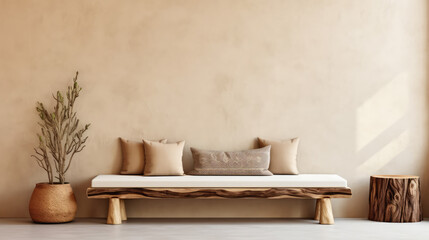 Wood log bench with beige cushions against stucco wall with copy space. Rustic, boho home interior design of modern living room. Generative AI