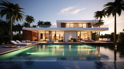 Exterior of amazing modern minimalist cubic villa with large swimming pool among palm trees. Generative AI