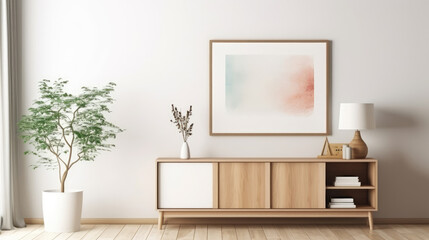 Wooden cabinet with books near white wall with big poster frame. Scandinavian style home interior design of modern living room Generative AI