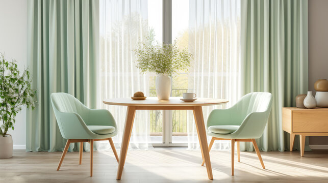 Two mint color chairs at round wooden dining table against window dressed with light green and white curtains. Scandinavian interior design of modern dining room Generative AI