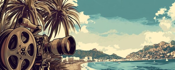 A movie camera is on a beach with palm trees in the background