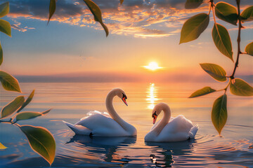 two swans on the lake at sunset with leaves frame - obrazy, fototapety, plakaty