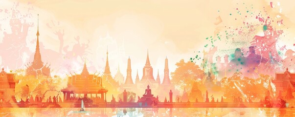 A colorful poster of a city with two Buddha statues in the background