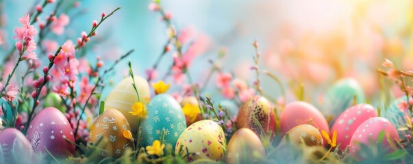 A colorful bunch of Easter eggs are scattered on a green and pink background - obrazy, fototapety, plakaty