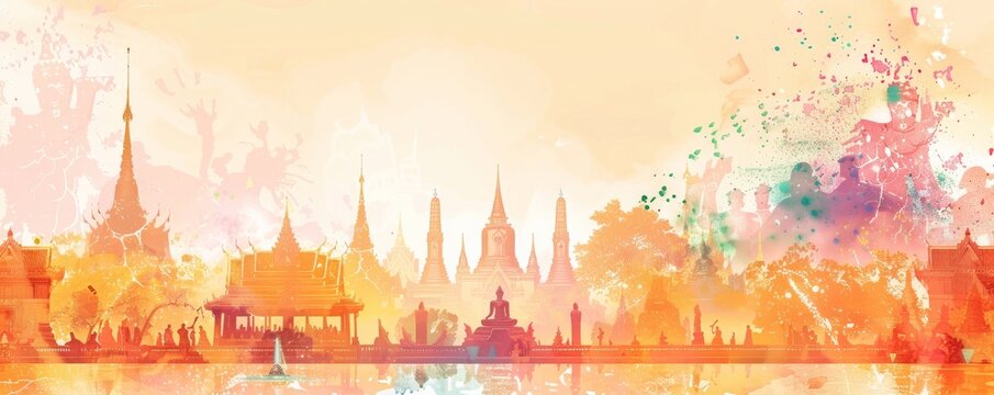 A colorful poster of a city with two Buddha statues in the background