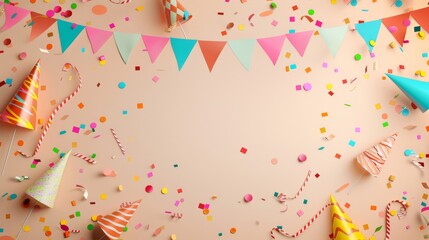 A colorful party scene with balloons and confetti on a blue background