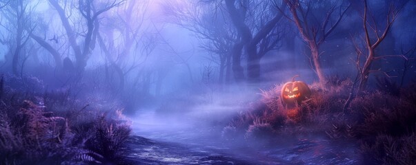 Obraz premium A forest scene with a pumpkin lantern on the ground