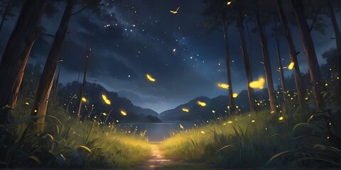 a magical summer night where fireflies illuminate the sky like twinkling stars. Describe the scene and the emotions it evokes in the characters witnessing this spectacle..