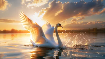 Fotobehang two swans on the lake at sunset © Maizal