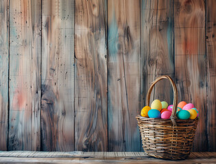easter eggs in basket In front of the rustic wooden wall.Minimal creative easter food concept. - obrazy, fototapety, plakaty