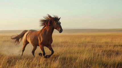A majestic horse galloping freely across a vast open field, mane and tail flowing in the wind