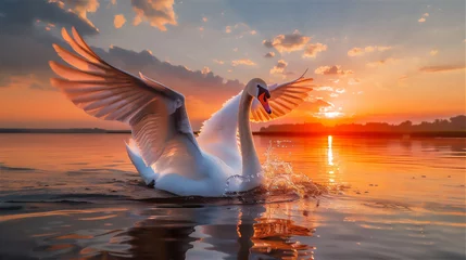 Keuken foto achterwand two swans on the lake at sunset © Maizal