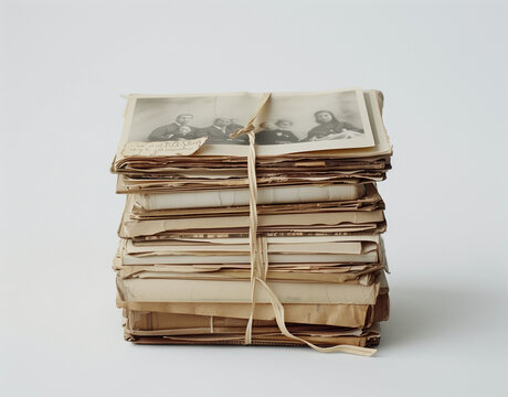 Bound vintage photographs tied with a ribbon.Minimal creative vintage art and emotional concept.Copy space,top view