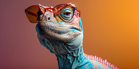 close up of a head of a peacock, Chameleon Wearing Sunglasses on a Solid Color Background
