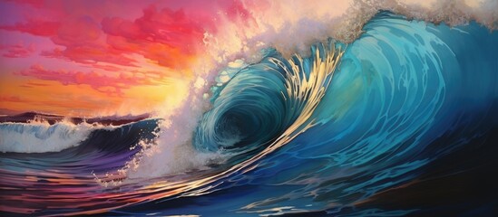A mesmerizing painting capturing the majestic beauty of a wind wave in the ocean at sunset, with liquid skies and electric blue waters