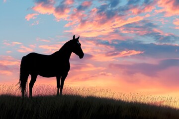 Obraz na płótnie Canvas A beautiful horse standing regally on a hilltop, silhouetted against a colorful sunset sky