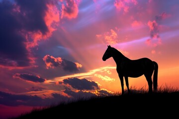 A beautiful horse standing regally on a hilltop, silhouetted against a colorful sunset sky