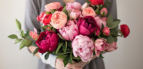 A breathtaking bouquet of vibrant peonies and roses, showcasing a spectrum of pinks and reds