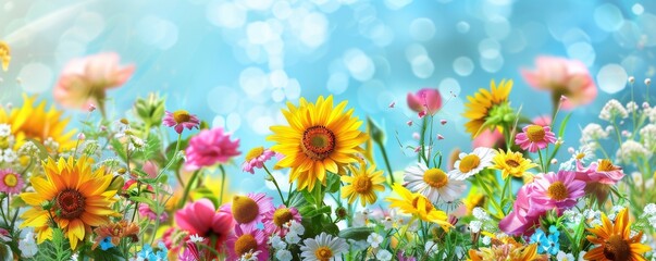 Obraz na płótnie Canvas A field of flowers with a bright blue sky in the background