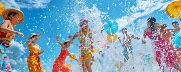 A group of people are playing in the water, with some of them wearing hats
