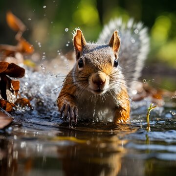 A squirrel crawling on water
