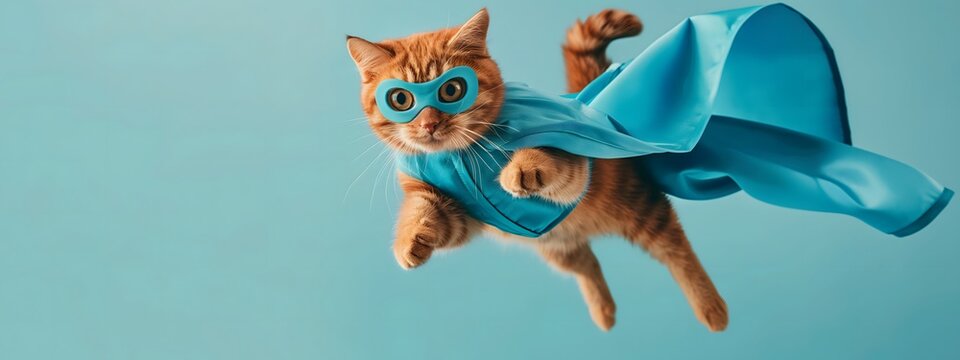 Superhelden-Katze, s&uuml;&szlig;e orangefarbene Katze mit blauem Umhang und Maske, Konzept Superheld, Katze, Textfreiraum