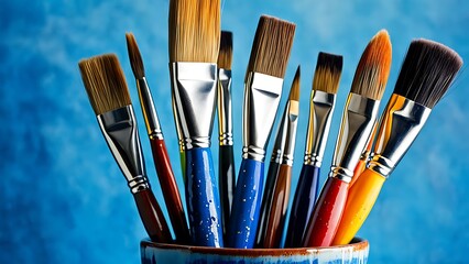 Fototapeta premium Paint brushes in a blue bowl on a blue background. Close-up