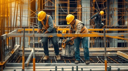 Bauarbeiter auf einer Großbaustelle mit Warnweste und Sicherheitshelm, Konzept wachsende Infrastruktur und Konjunktur