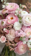 A romantic bouquet of pink and white ranunculus, creating a soft and dreamy composition