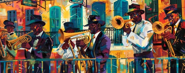 A painting of a group of musicians playing jazz instruments - obrazy, fototapety, plakaty