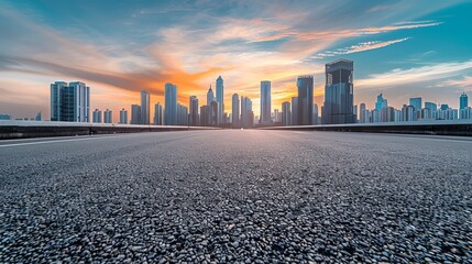 A panoramic skyline showcases modern commercial buildings alongside an empty road, with the asphalt...