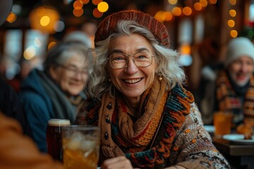 An elderly woman is sitting at a table with a glass of beer, smiling happily at the crowded event. The drinkware and tableware add to the fun leisure time at the temple - obrazy, fototapety, plakaty