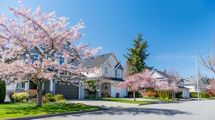 Luxury houses in the suburbs of North America are adorned with spring blossoms