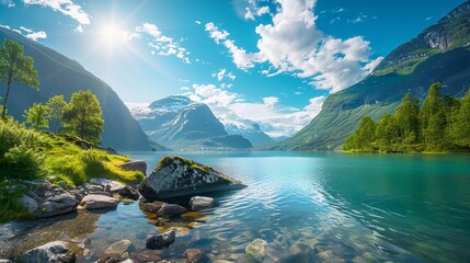 
An impressive summer view of Lovatnet Lake in the municipality of Stryn, located in Sogn og Fjordane county, Norway, captivates with its colorful morning scene.  - obrazy, fototapety, plakaty