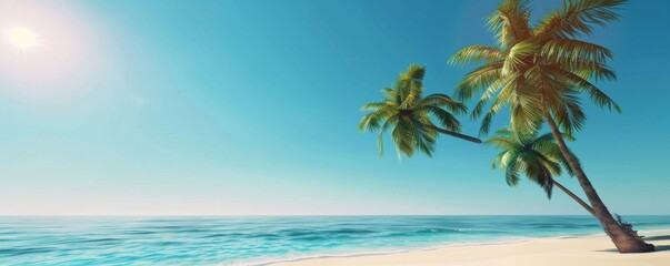 Fototapeta na wymiar A beautiful beach scene with palm trees and a clear blue ocean