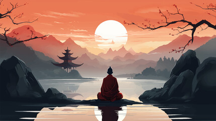 Silhouette Buddhist monk meditation on the river side with a high mountain and beautiful sunset background - obrazy, fototapety, plakaty